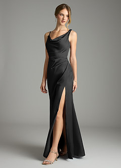 Azazie Samara Robes de demoiselle d'honneur Robe Sirène en Satin extensible Plissée Noir image3