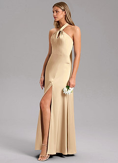 Azazie Tracie Bridesmaid Dresses Champagne A-Line Side Slit Stretch Satin Dress image6