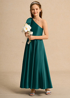 Azazie Guppy Girls Formal Abiti da Ragazza di Fiori Abito A-Line in Raso Opaco Monospalla Verde Pavone image5