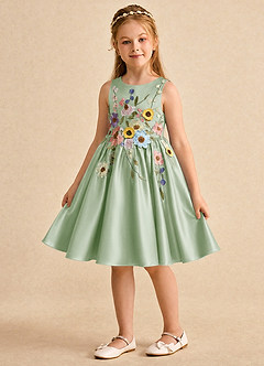 Azazie Prima Blumenmädchenkleider A-Linie Schleifen Matte Satin Kleid Staubiger Salbeigrün image5
