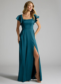 Azazie Bondi Bridesmaid Dresses Ink Blue A-Line Bow Stretch Satin Dress image3