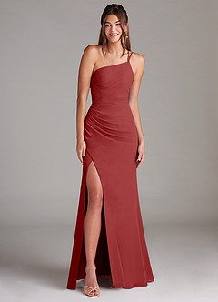 Azazie Eren Bridesmaid Dresses Rust Sheath One Shoulder Chiffon Dress image3