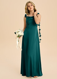 Azazie Gumdrop Junior Abito Impero in Raso Elasticizzato Plissettato Verde Pavone image2