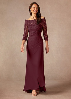 Azazie Rhonda Mother of the Bride Dresses Cabernet Mermaid Off the Shoulder Mesh Dress image3