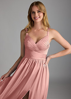Azazie Chanel Bridesmaid Dresses Rosette A-Line Pleated Stretch Satin Dress image3