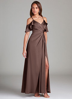 Azazie Dakota Bridesmaid Dresses Ganache A-Line Off the Shoulder Stretch Satin Dress image1