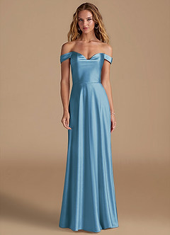 Azazie Jackalin Bridesmaid Dresses Steel Blue A-Line Off the Shoulder Metallic Satin Convertible Dress image1