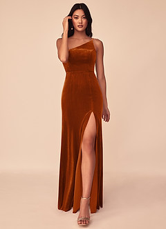 Azazie Kala Bridesmaid Dresses Burnt Orange A-Line One Shoulder Velvet Dress image1