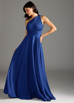 Azazie Charlize Vestidos de damas de honor Vestido Azul Real de Satén Elástico de Línea A con Un hombro image5