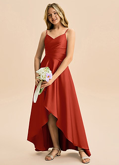 Azazie Eirlys Junior Rust A-Line Pleated Stretch Satin Dress image4