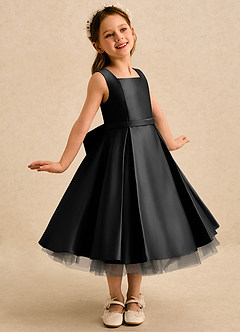 Azazie Josie Flower Girl Dresses Black A-Line Pleated Matte Satin Dress image1