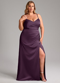 Azazie Azuree Bridesmaid Dresses Plum A-Line Pleated Stretch Satin Dress image5