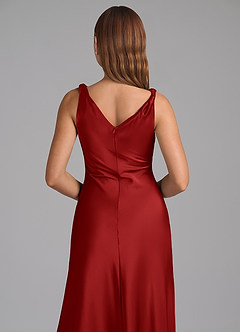 Azazie Nerine Bridesmaid Dresses Pomegranate A-Line Pleated Stretch Satin Dress image2