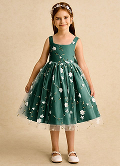 Azazie Bean Flower Girl Dresses Emerald Ball-Gown Sleeveless Tulle Dress image1