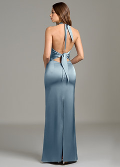 Azazie Francesca At-home Try On Dresses Dusty Blue Sheath Stretch Satin Dress image4