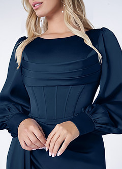 Azazie Raye Bridesmaid Dresses Dark Navy Mermaid Long Sleeve Stretch Satin Dress image5