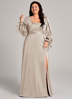 Azazie Leonia Vestidos de damas de honor Vestido de Escarcha de Satén Elástico de Corte en A con Manga larga image10