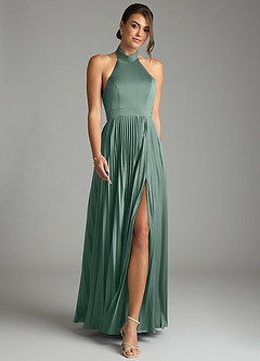 Azazie Zienna Venta Final Vestido de Eucalipto de Satén Elástico de Corte en A con Plisado image4