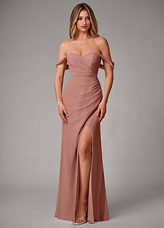 Azazie Haisley Bridesmaid Dresses Cedar Rose Sheath Off the Shoulder Chiffon Convertible Dress image4