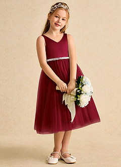 Azazie Firefly Flower Girl Dresses Burgundy A-Line Bow Matte Satin Dress image3