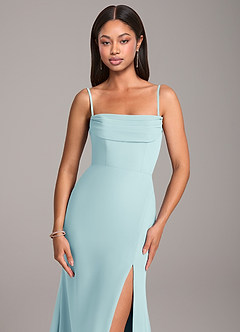Azazie Saige Bridesmaid Dresses Sea Glass Sheath Off the Shoulder Chiffon Convertible Dress image2