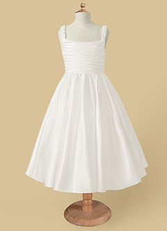 Azazie Cutie Pie Flower Girl Dresses Ivory A-Line Pleated Matte Satin Dress image4