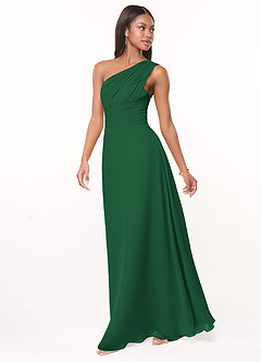 Azazie Ashley Vestidos de damas de honor Vestido de Verde Oscuro de Gasa de Corte en A con Volante image4