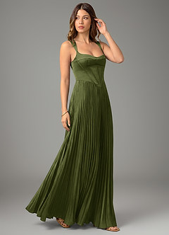 Azazie Avenelle Bridesmaid Dresses Olive A-Line Corset Stretch Satin Dress image5