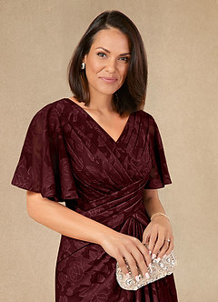 Azazie Emmeline Mother of the Bride Dresses Cabernet A-Line Pleated Floral Burnout Dress image4