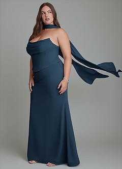 Azazie Sorrel Vestidos de damas de honor Vestido Azul Marino Oscuro de Gasa de Corte Sirena con Corsé image14