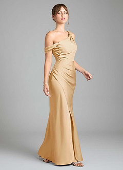 Azazie Madelyn Bridesmaid Dresses Gold Mermaid One Shoulder Stretch Satin Convertible Dress image5