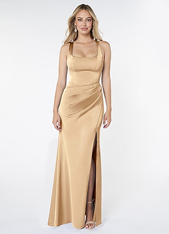 Azazie Mero Bridesmaid Dresses Champagne Sheath Pleated Stretch Satin Dress image1