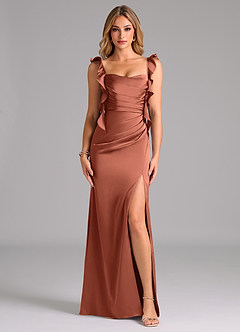 Azazie Jessamine Bridesmaid Dresses Clay A-Line Corset Stretch Satin Dress image3