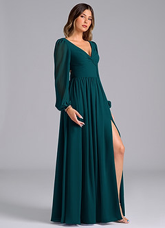 Azazie Teri Bridesmaid Dresses Pine A-Line Long Sleeve Chiffon Dress image3