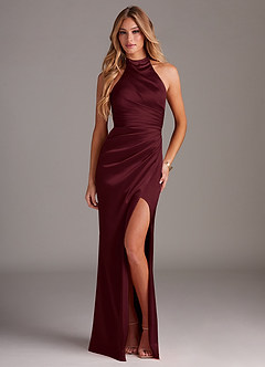 Azazie Jemma Bridesmaid Dresses Cabernet Sheath Pleated Stretch Satin Dress image4