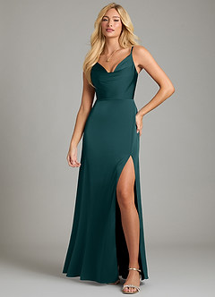 Azazie Sarella Bridesmaid Dresses Pine A-Line Pleated Stretch Satin Dress image4