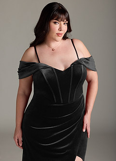 Azazie Jas Jurken voor bruidsmeisjes Converteerbaar Jurk van flueel met Kolom Off-the-shoulder korset Zwart image18