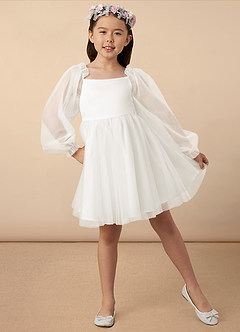 Azazie Aya Flower Girl Dresses Ivory A-Line with Sleeves Tulle Dress image1