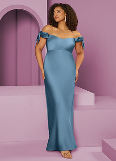 Barbie ♥ Azazie Bridesmaid Dresses Steel Blue Sheath Off the Shoulder Stretch Satin Convertible Dress image8