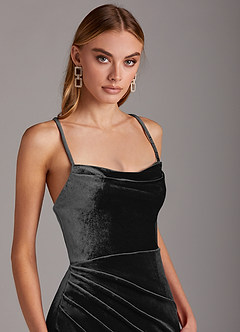 Azazie Kindness At-home Try On Dresses Black Sheath Cowl Neckline Corset Velvet Dress image6