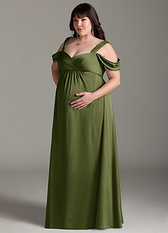 Azazie Rhea Robes de demoiselle d'honneur de maternité Robe Trapèze Épaule nue plissée Longueur ras du sol Satin extensible image4