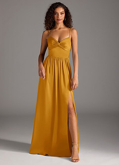 Azazie Zeya Bridesmaid Dresses Butterscotch A-Line Pleated Stretch Satin Dress image2