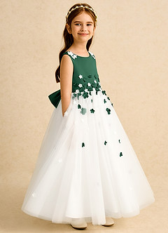Azazie Eleni Blumenmädchenkleider Ballkleid Schleifen Tüll Kleid Elfenbein Dunkelgrün image3