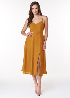 Azazie Clarissa Bridesmaid Dresses Butterscotch A-Line V-Neck Chiffon Dress image1