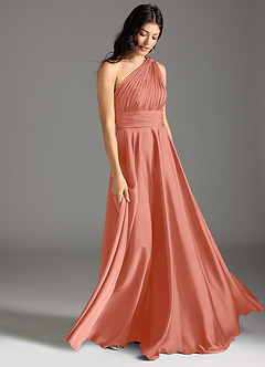 Azazie Charlize Bridesmaid Dresses Salmon Pink A-Line One Shoulder Stretch Satin Dress image3