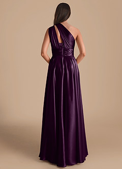 Azazie Charlize Bridesmaid Dresses Plum A-Line One Shoulder Metallic Satin Dress image2