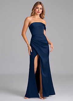 Azazie Lisbeth Vestidos de madrinha de casamento Vestido Azul Marinho de Cetim elástico de sereia com Fora do ombro image4