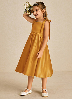 Azazie Chelsie Flower Girl Dresses Butterscotch A-Line Bow Matte Satin Dress image4