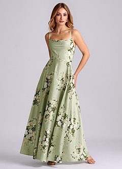 Azazie Elle Bridesmaid Dresses Floral Vines A-Line Pleated Stretch Satin Dress image4