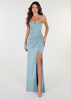 Azazie Yola Vestidos de madrinha de casamento Vestido Azul Temperamental de Cetim elástico de Bainha com Decote em V Plissado image1